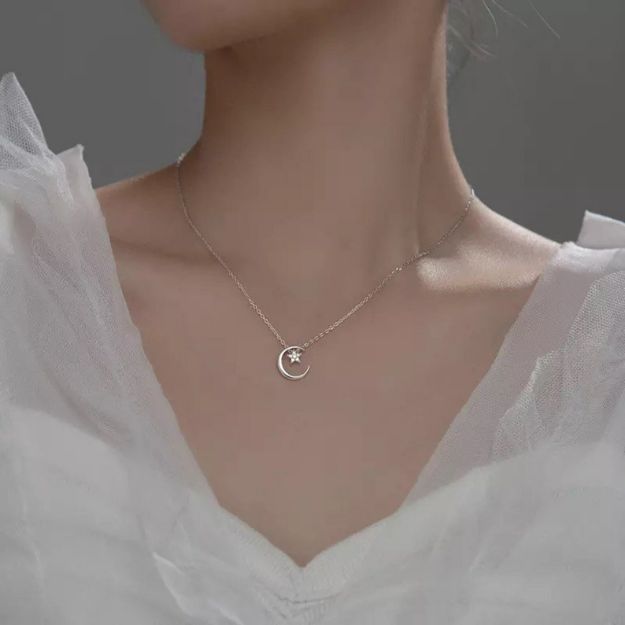 Picture of Crescent Moon and Star White Gold Silver Necklace